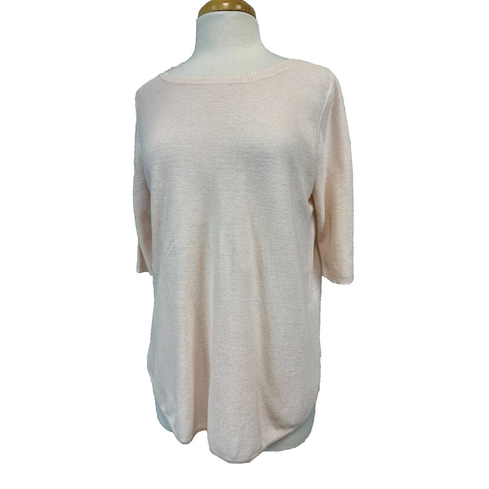Eileen‎ Fisher Light Top Pastel Pink Tencel Blend Bateau Neck Elbow Sleeves SZ L